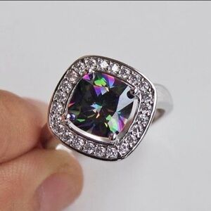 18K White Gold 8CT Cushion Cut NATURAL Rainbow Mystic Topaz Halo Diamond Ring